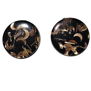 Vintage Black Gold Moons Foil Confetti Resin Clip On Earrings Retro Fashion
